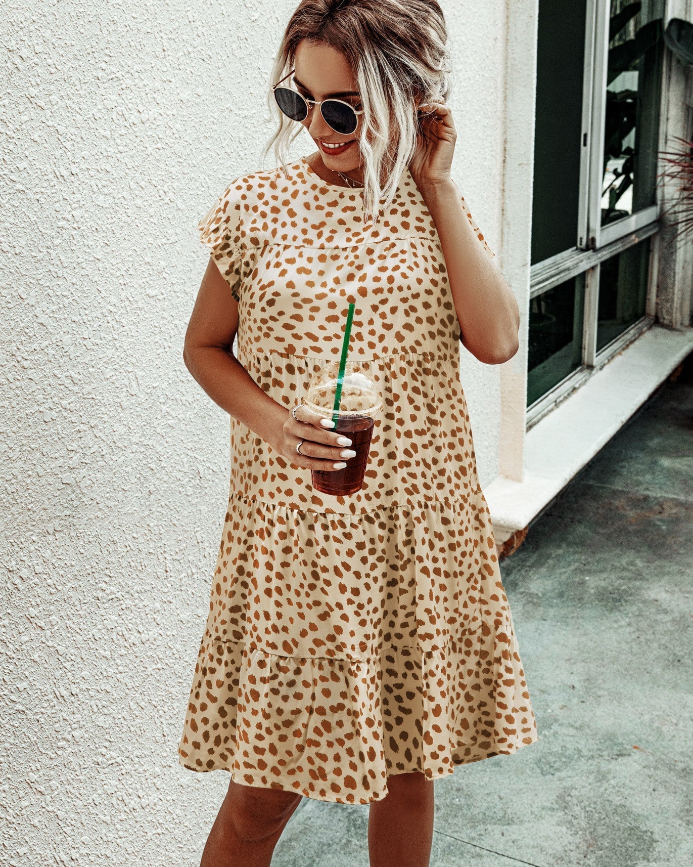 Leopard print round neck short sleeve loose dress