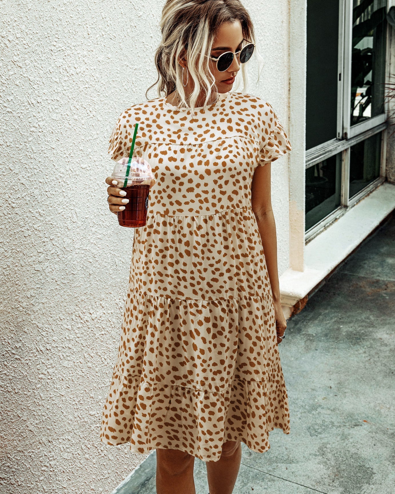 Leopard print round neck short sleeve loose dress