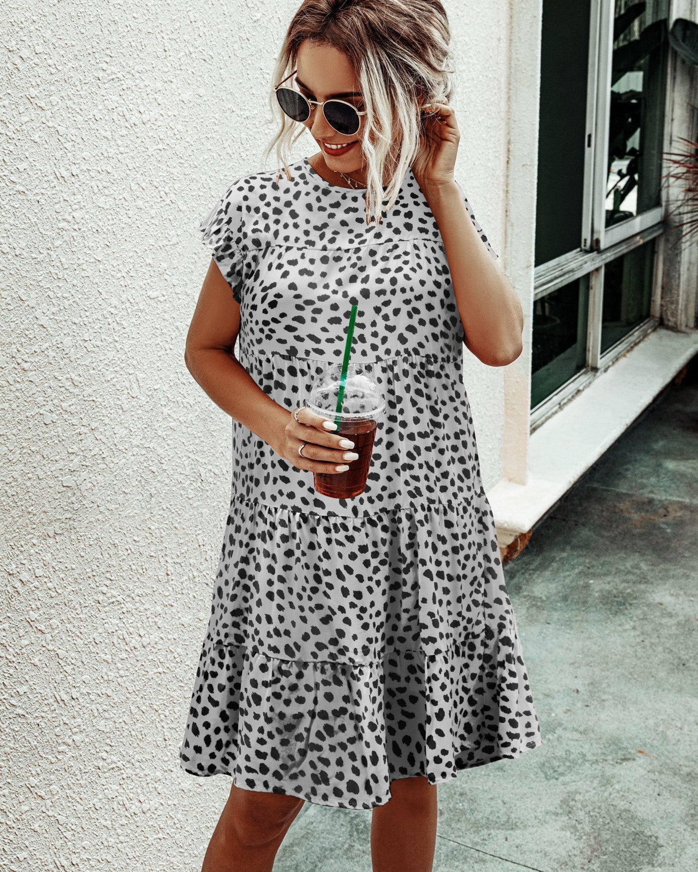 Leopard print round neck short sleeve loose dress
