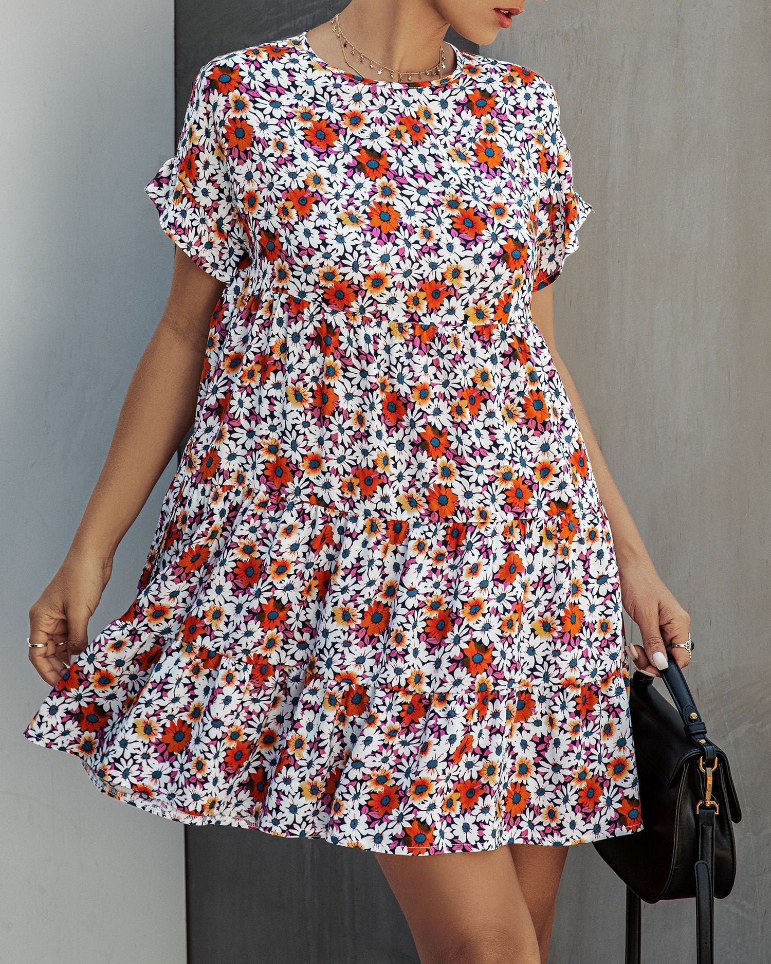 Leopard print round neck short sleeve loose dress