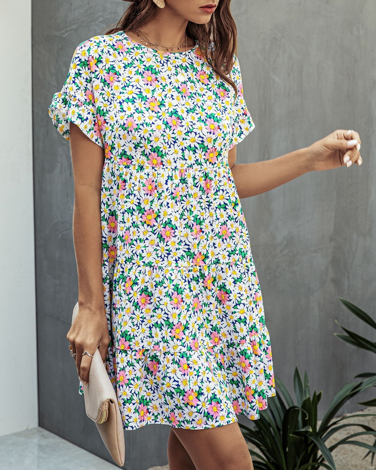 Leopard print round neck short sleeve loose dress