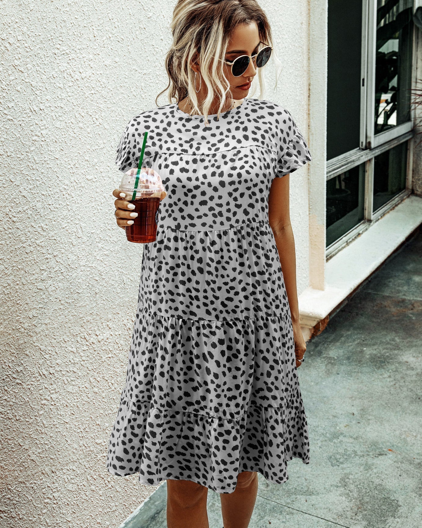 Leopard print round neck short sleeve loose dress