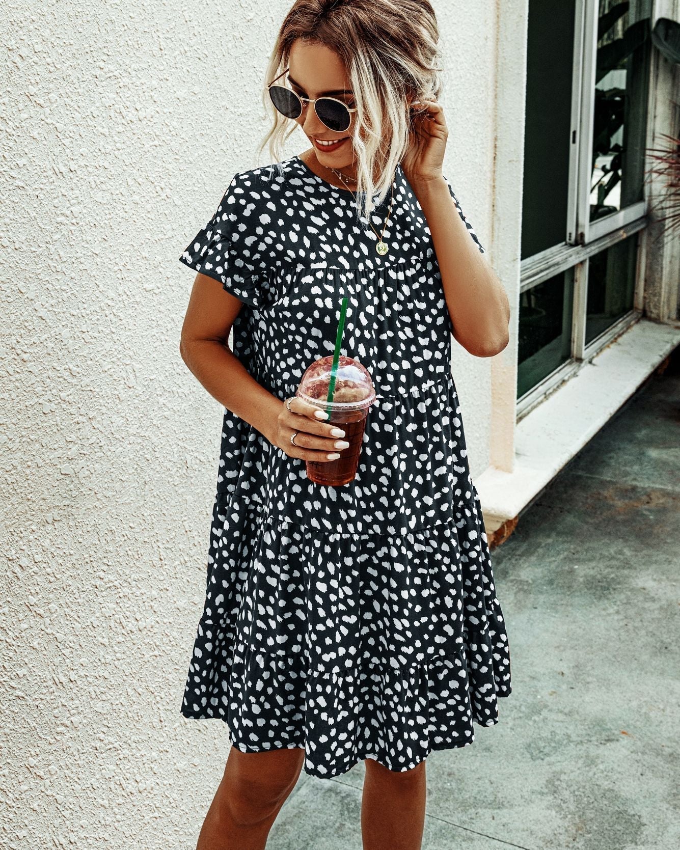 Leopard print round neck short sleeve loose dress