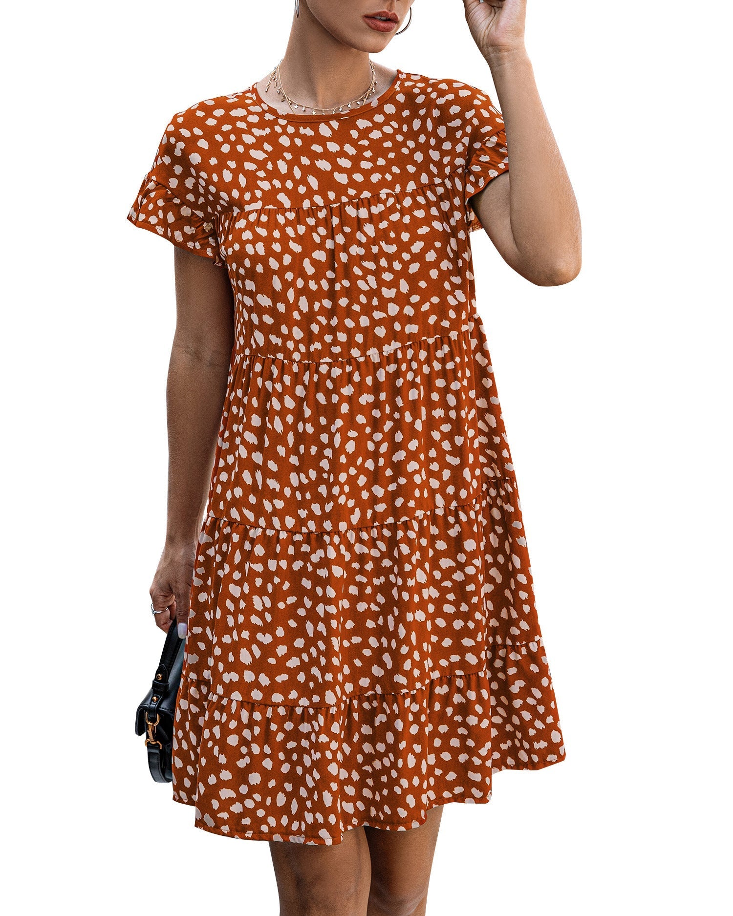 Leopard print round neck short sleeve loose dress