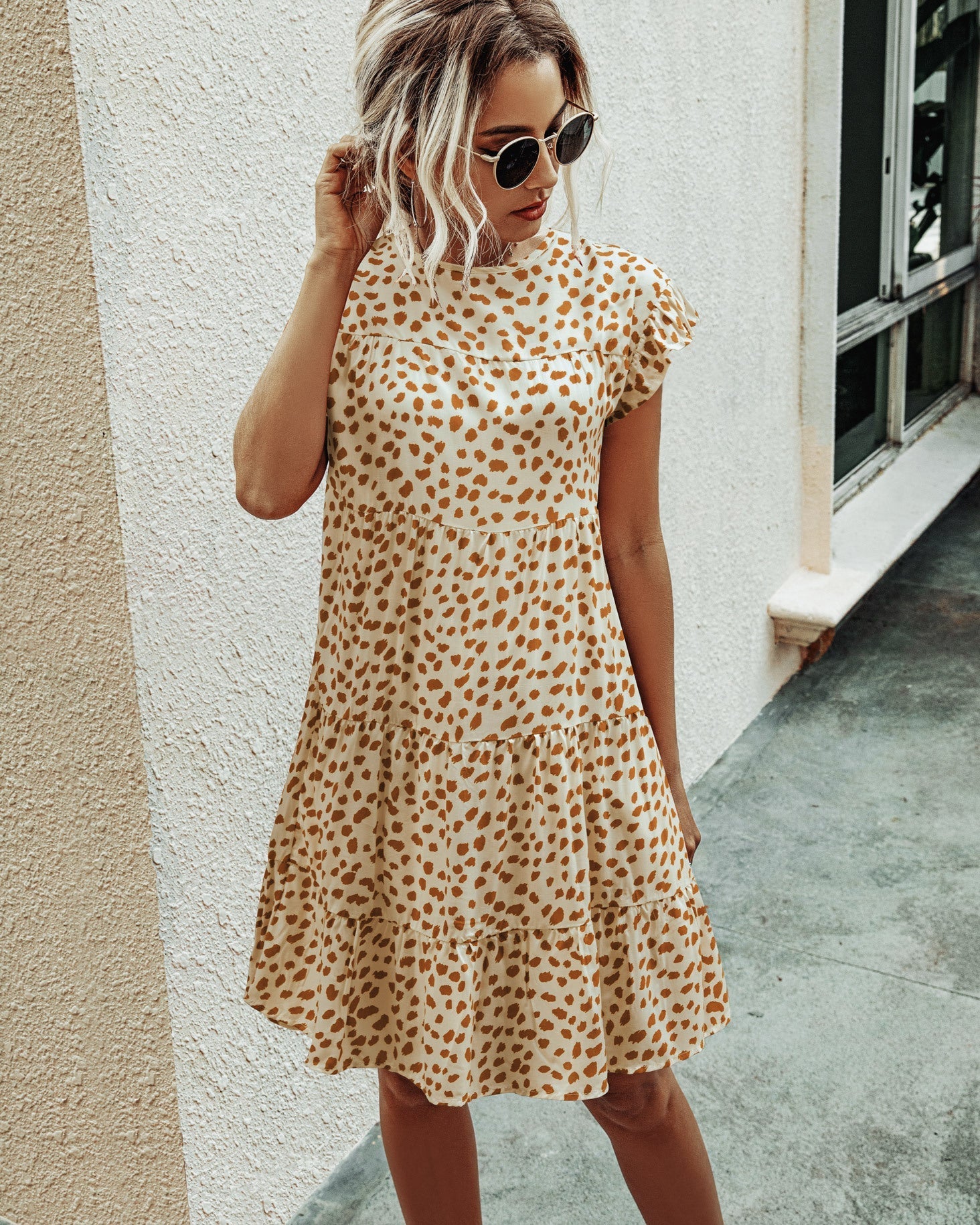 Leopard print round neck short sleeve loose dress