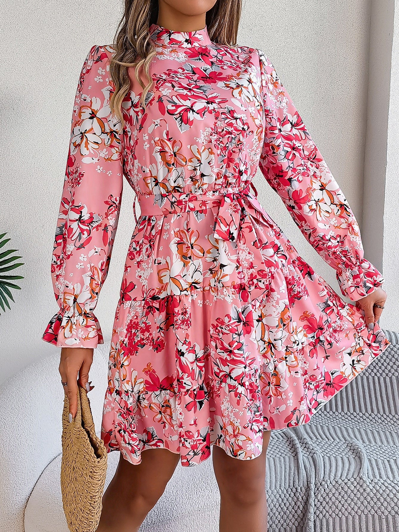 Standing Collar Floral Print Waist-controlled