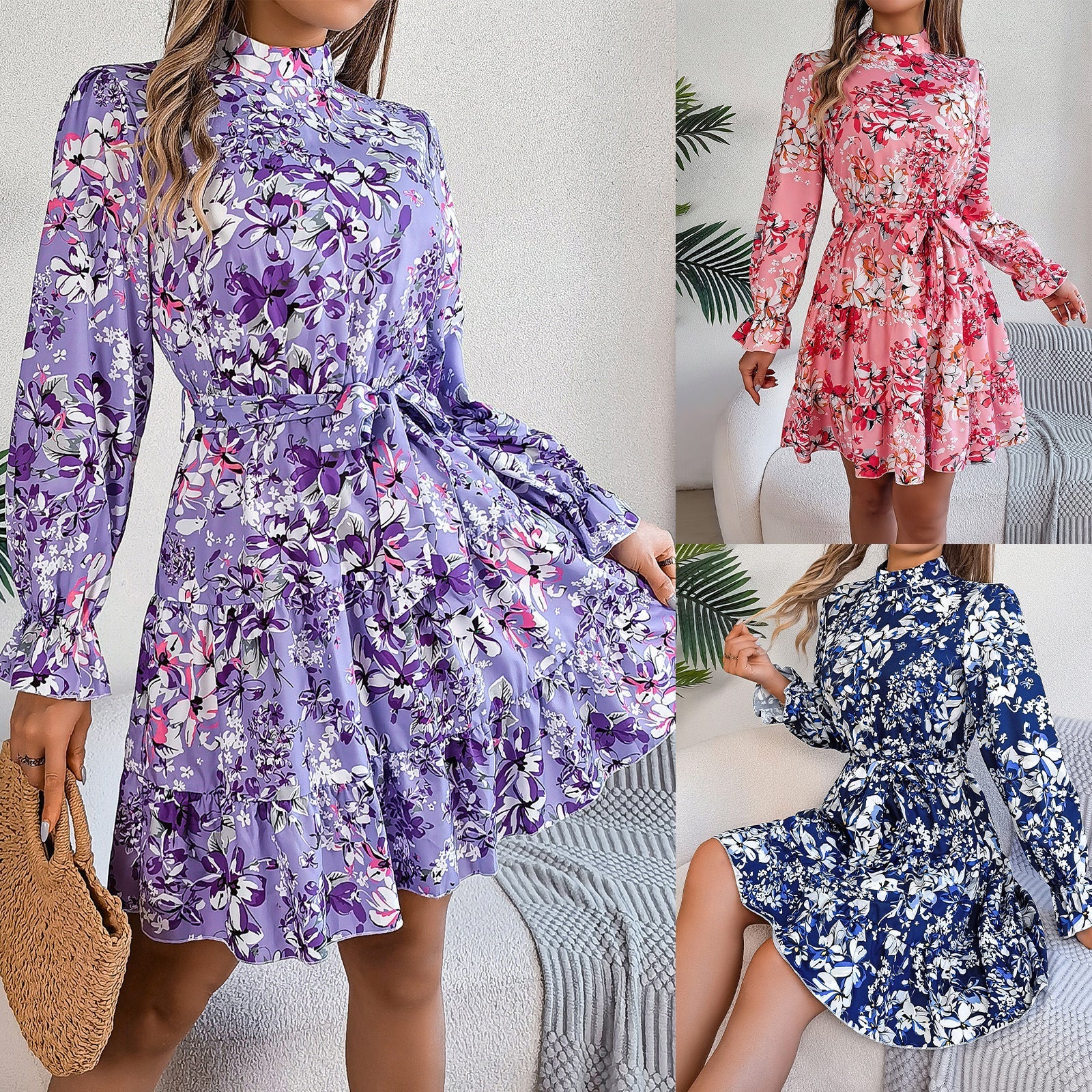 Standing Collar Floral Print Waist-controlled