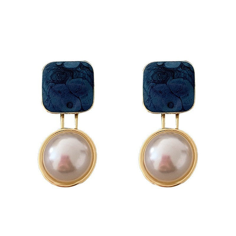 Red Blue Blocks Pearl Stud Earrings
