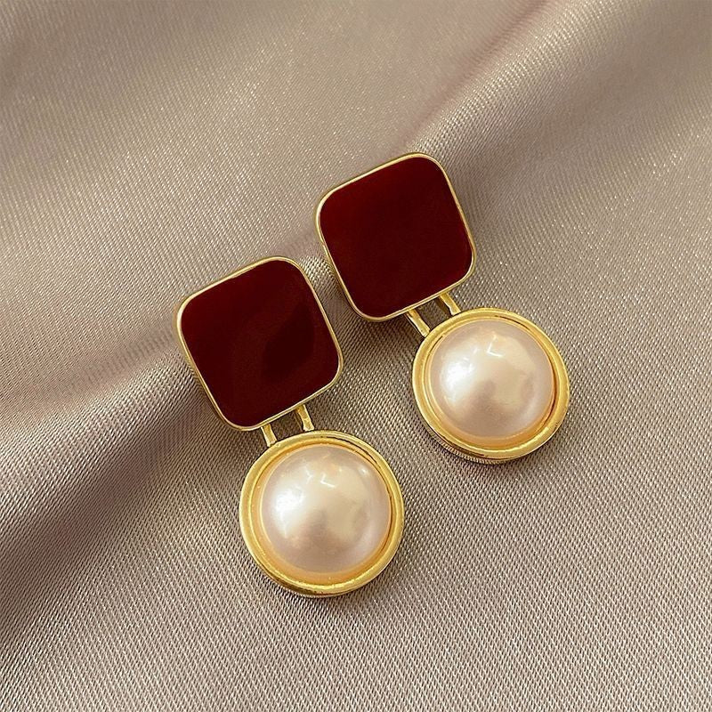 Red Blue Blocks Pearl Stud Earrings