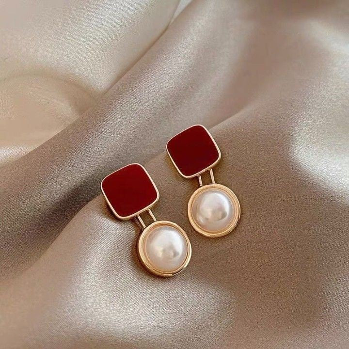 Red Blue Blocks Pearl Stud Earrings