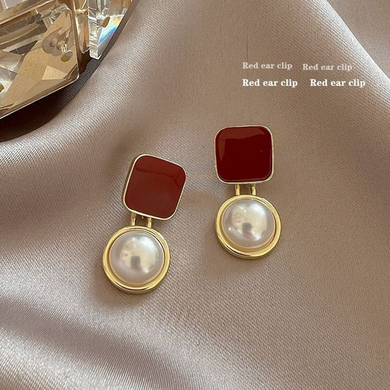 Red Blue Blocks Pearl Stud Earrings