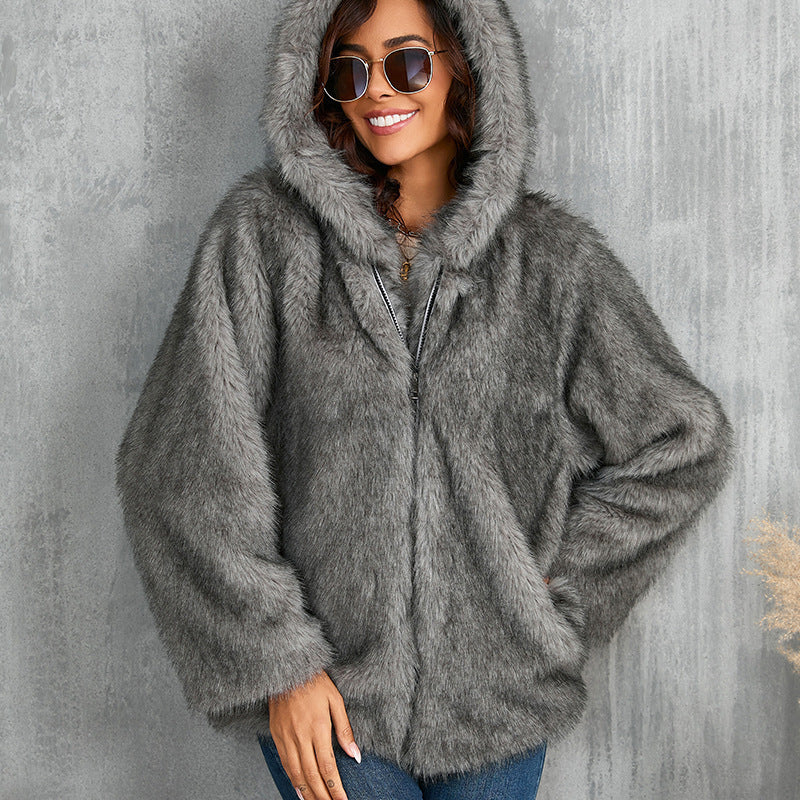 Leather Fur Solid Color Loose Hooded Short Collar Coat